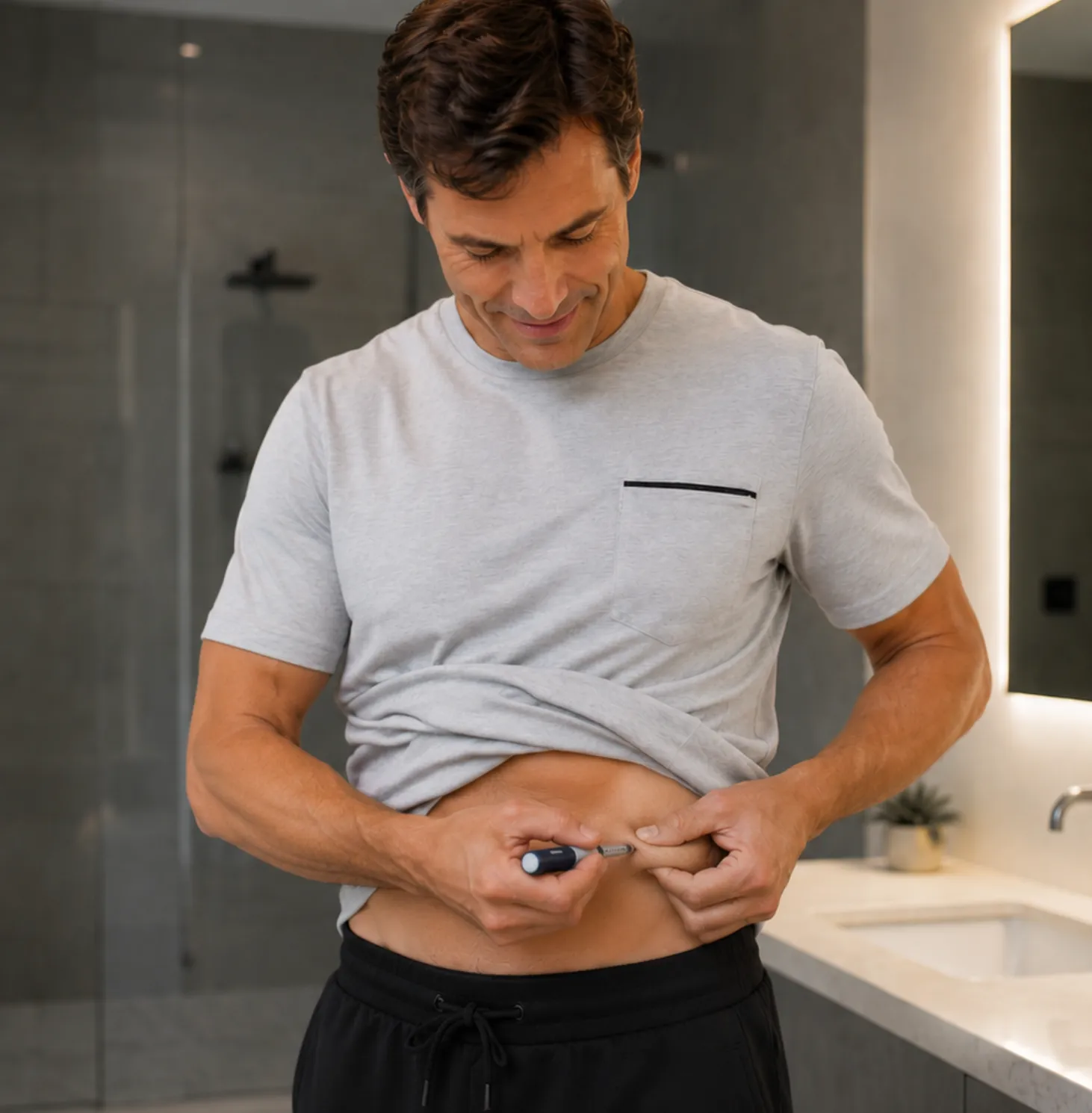 Man administering a Next Health peptide pen dose at home