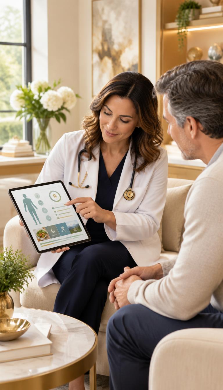 Next Health physician reviewing an Apex longevity plan with a patient